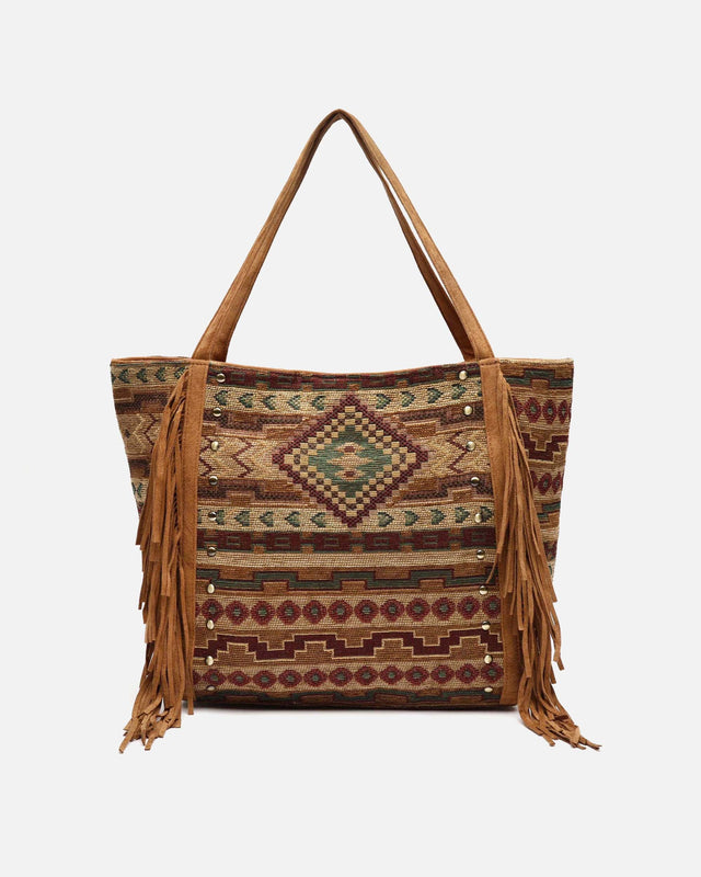 Jovana große Shopper-Tasche aus Jacquard mit Fransen und Metall-Details