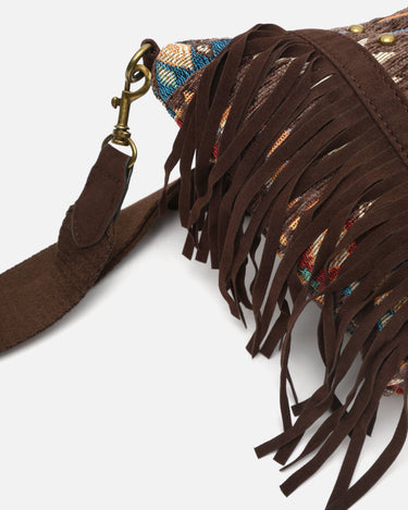 Vana bolso bandolera jacquard con flecos y detalles metálicos 