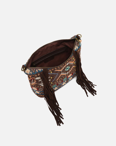 Vana bolso bandolera jacquard con flecos y detalles metálicos 