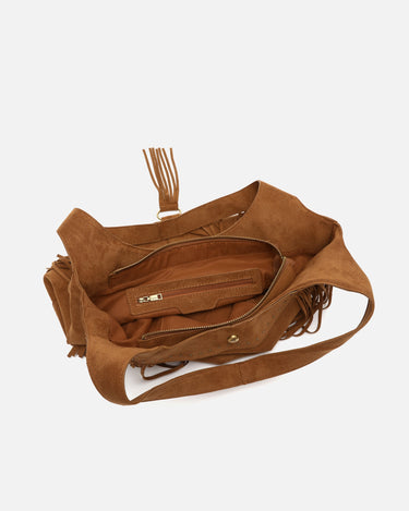 Seysino bolso de hombro grande efecto ante con flecos y detalles metálicos 
