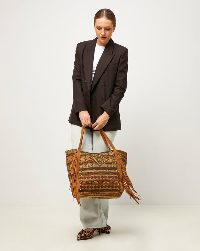 Jovana bolso shopper grande jacquard con flecos y detalles metálicos